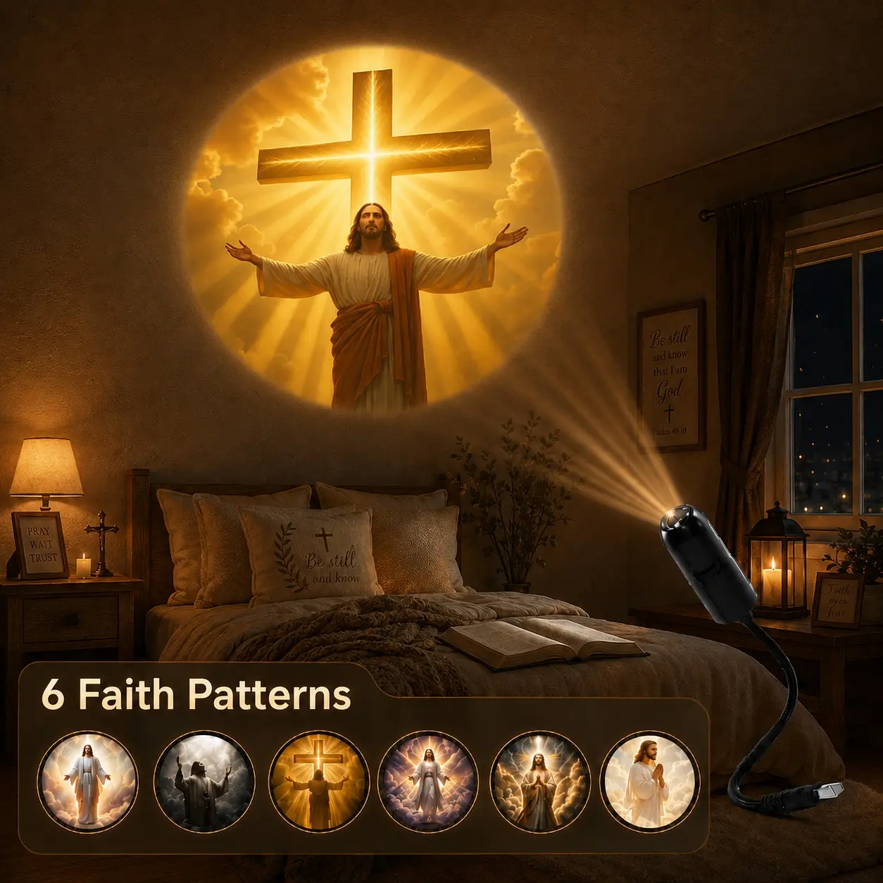 6 Pattern Jesus & Cross Projector Light, USB Powered Adjustable Wall Ceiling Projection Lamp for Living Room, Bedroom, Prayer Space and Church Decoration