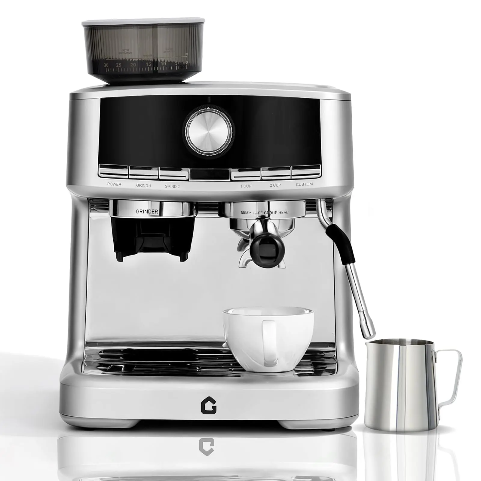 Semi-Automatic Pressure Coffee Machine with Grinder, 20 Bar Espresso Maker with Milk Frother Steam Wand, 30 Grind Settings, Pressure Gauge, 45oz Removable Water Tank, Hot Water Function, Self-Cleaning