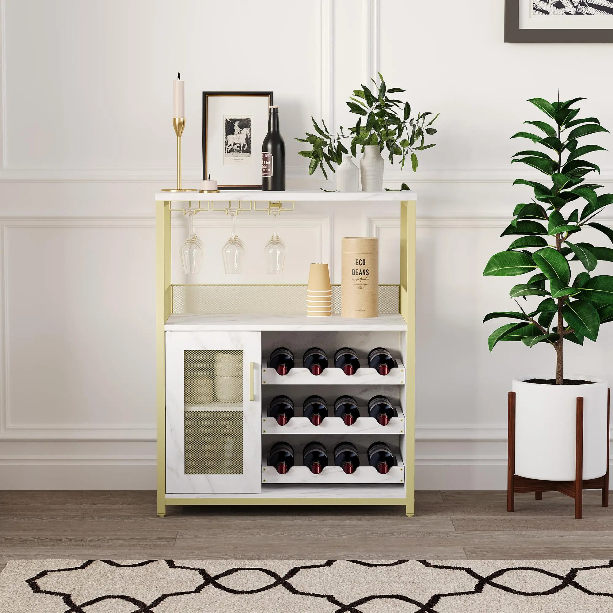 Modern Industrial Wine Bar Cabinet with LED Lights, 3-Tier Liquor Cabinet with 12 Bottle Wine Rack & Glass Holder, Coffee Bar Station Buffet Sideboard with Mesh Door for Living Room Kitchen Dining Table, Wood