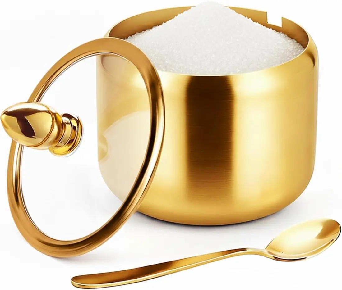 Coffee Bar Accessories Sugar Container with Glass Lid and Spoon, 10oz  Sugar Bowl for Kitchen Storage, Sugar Jar for Salt, Candy, Coffee Bean,