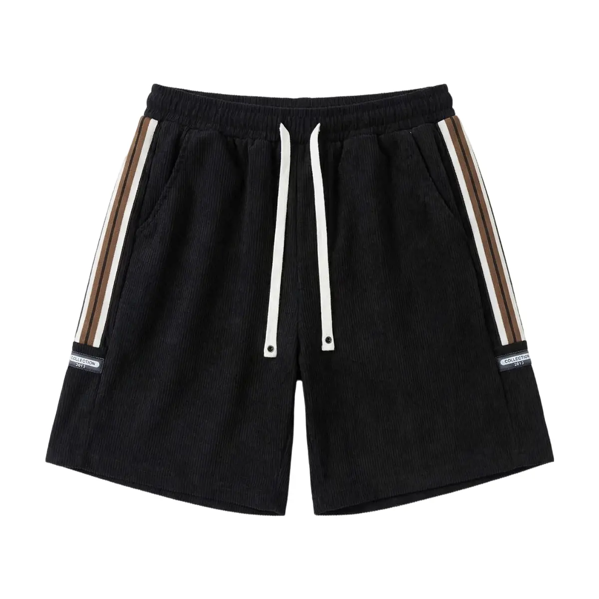 Men's Corduroy Side Stripe Knee Length Casual Shorts, Elastic White Drawstring Waist Loose Fit Sweat Shorts with Side Pockets & Small Label Patch, Soft Thick Vintage Streetwear Bottoms for Gym Beach Travel Daily Summer Hip Hop Skater Retro Relax Shorts fo