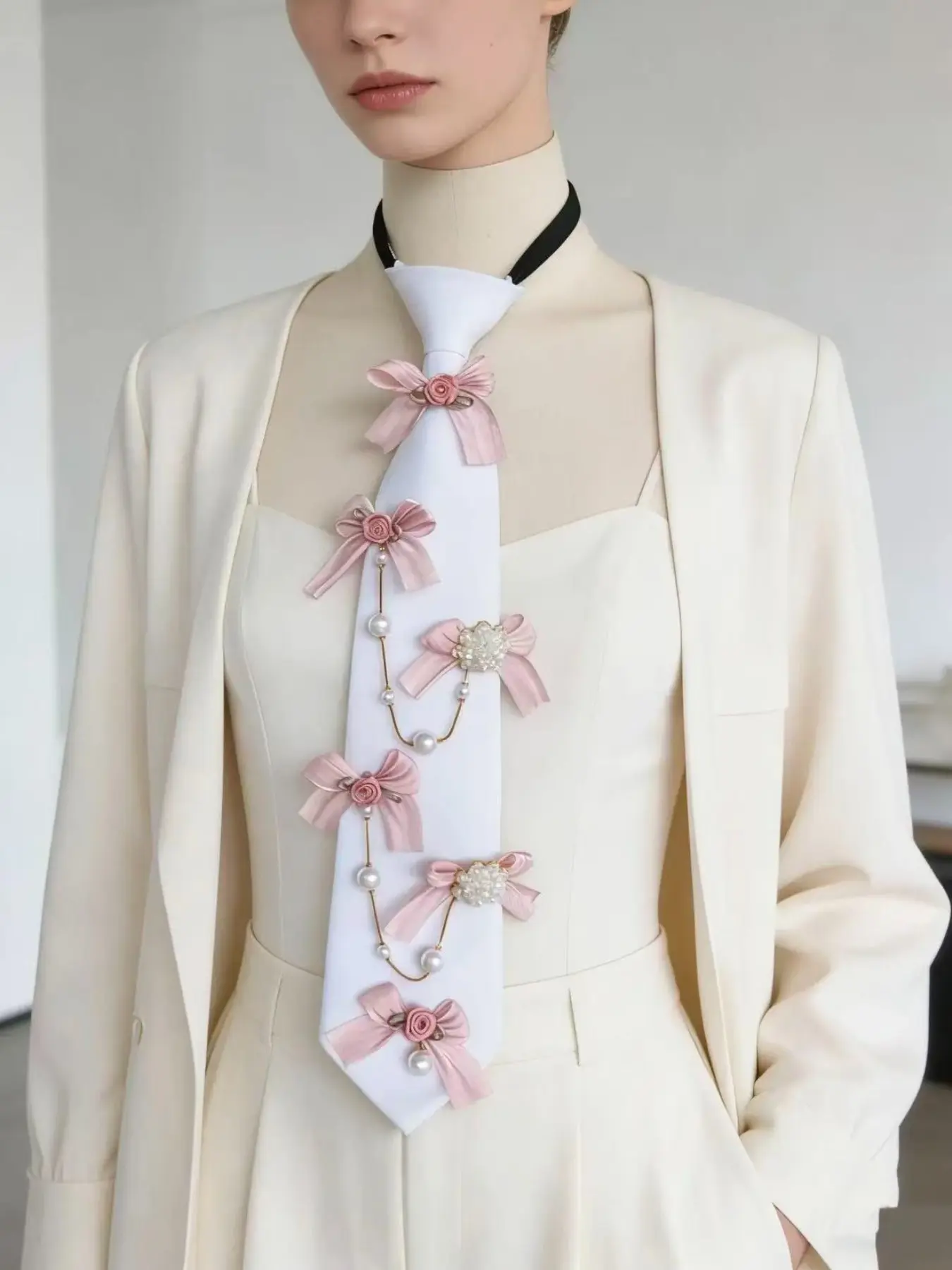 Coquette Pink Bow Pearl Floral Decor Necktie, Pre-tied Women Statement Tie, Romantic Cottagecore Shirt Accessory