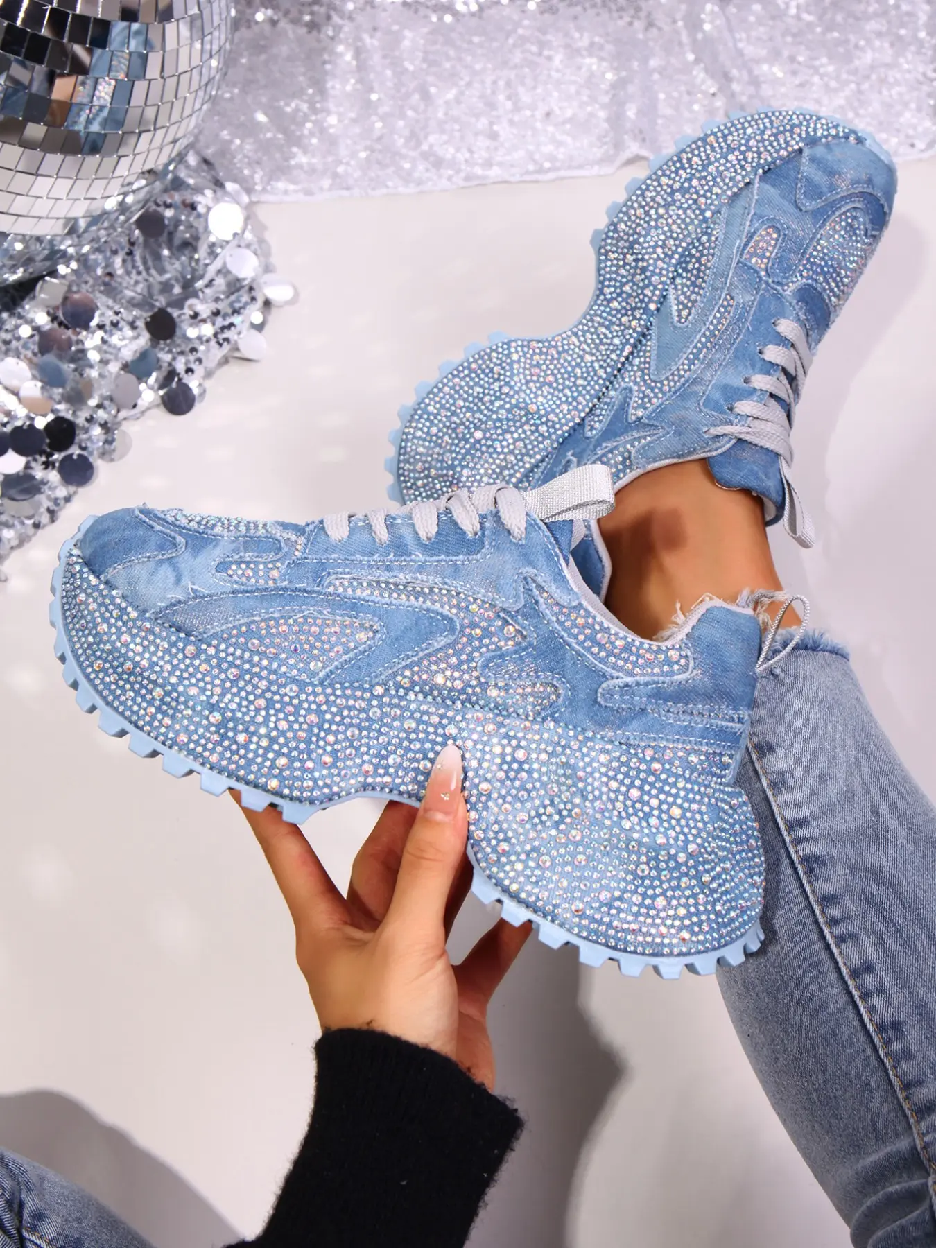 Women's Rhinestone Decorated Jeans Sneakers Trainer, Vintage Y2K Style, Anti-Slip Thick Sole, Height-Increasing, Casual Outdoor Shoes, Walking Shoes, Trendy Trainers, Casual Trainer Footwear