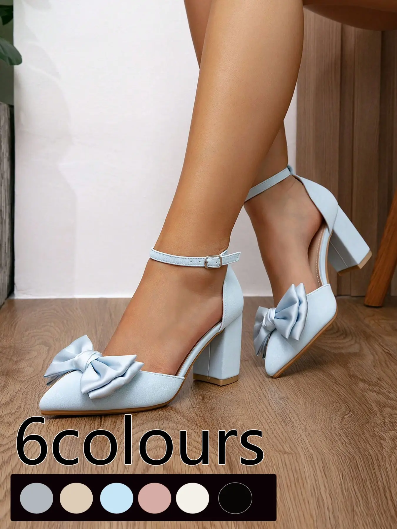 6 Color Options, Fashionable Women's High Heels, Pointed Toe Bow Sweet Style, Chunky Heel, Buckle Ankle Strap, Bridal Party Dress Shoes