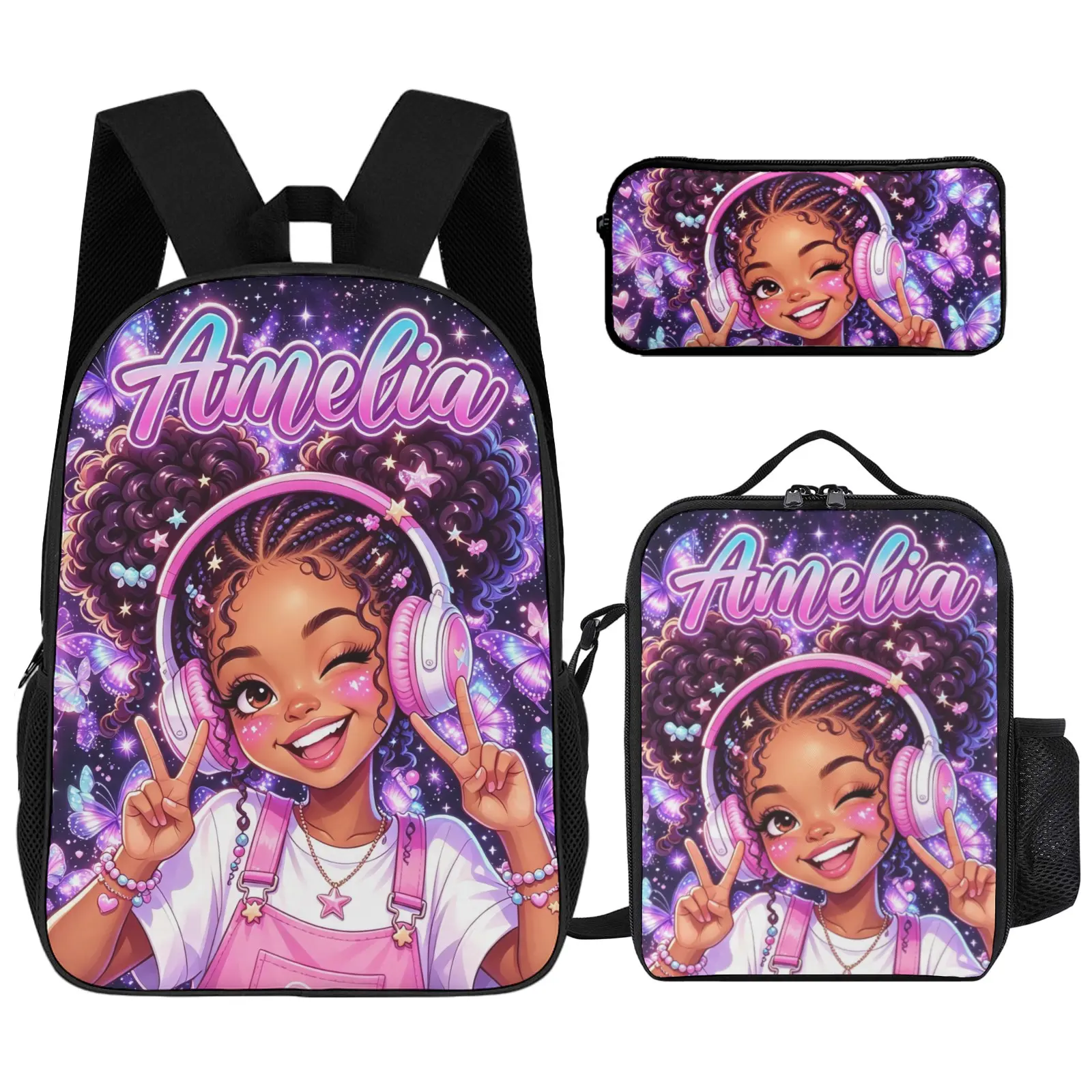 Personalized Girls Backpack Set with Pencil Case, Custom Name Butterfly School Bag, Black Girl Kids Backpack, Preschool Back to School Gift, Backpacks For School, School Backpack