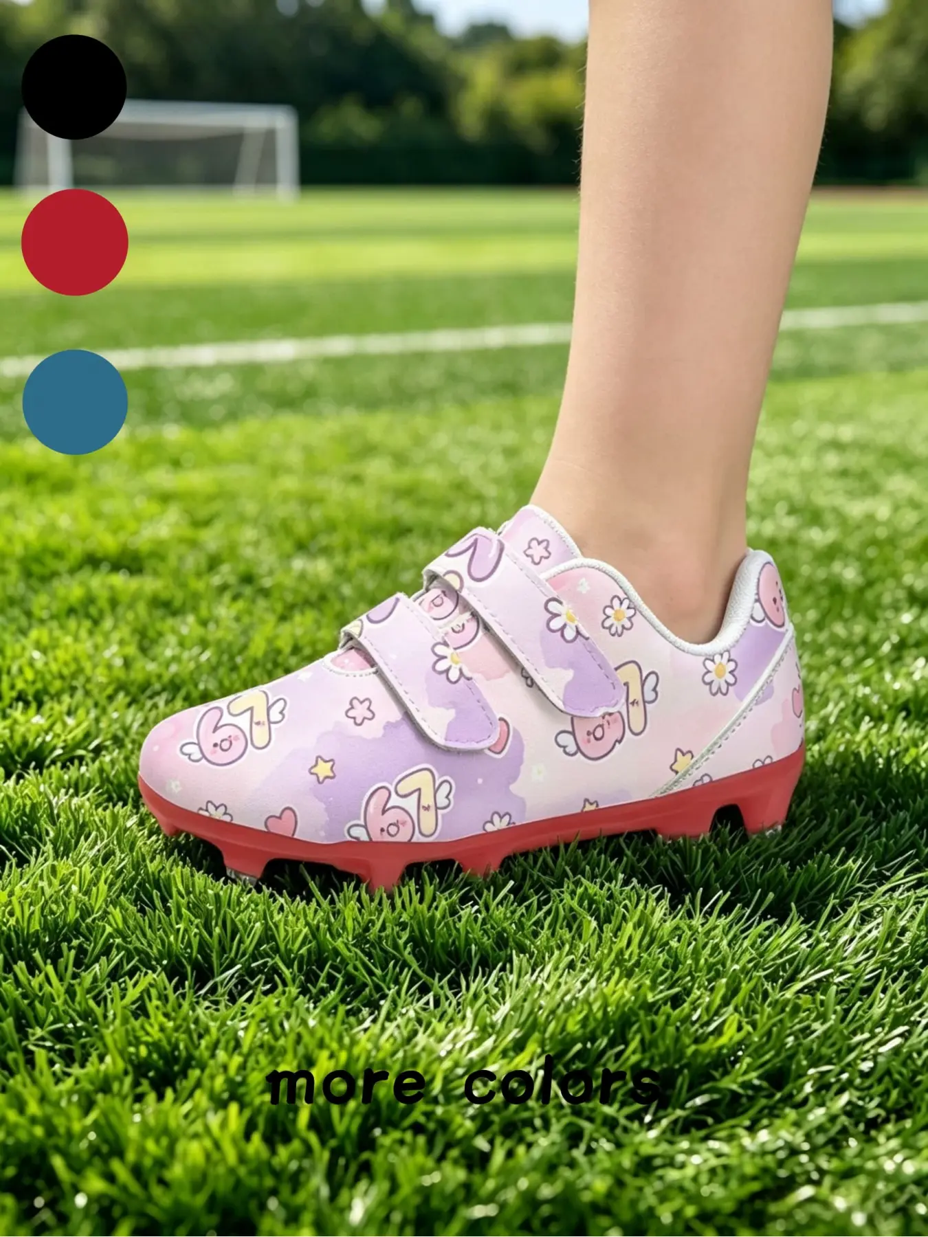 1 Pair Kids Velcro Football Cleats With Pink Purple Gradient Cute Bunny, Heart & Star Print, Sweet Girly Cozy Playful Sports Style, Non-slip Black Stud Sole & Wear-resistant Upper, Soccer Shoes For Girls Grass Training And School Matches
