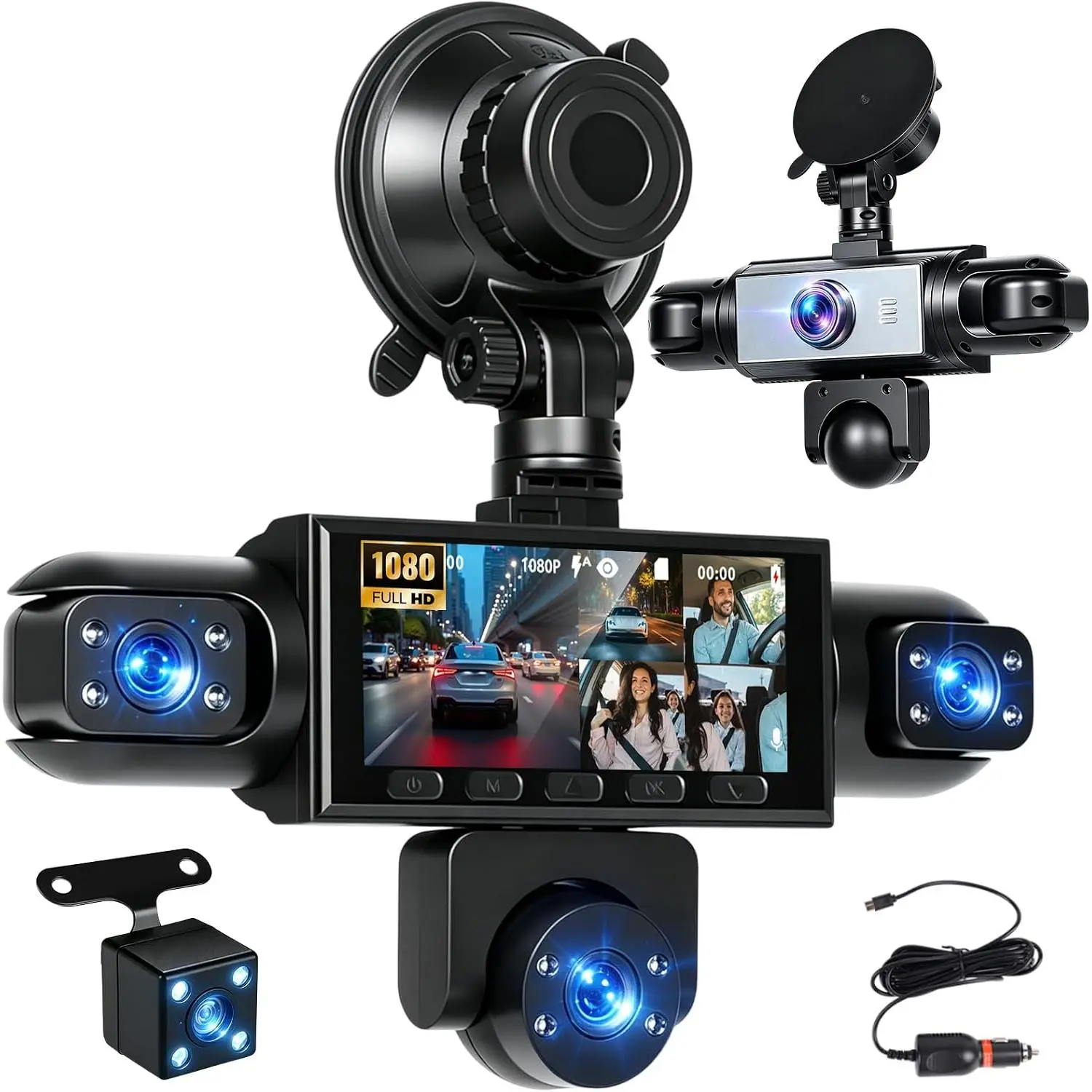 Rimoody 5-Lens Dash Cam, featuring 4 dash cam lenses and 1 rearview camera lens; 3.16-inch 1080p dash cam; loop recording; reverse parking assist; 24-hour monitoring; easy plug-and-play installation; non-rechargeable with no built-in battery; memory card
