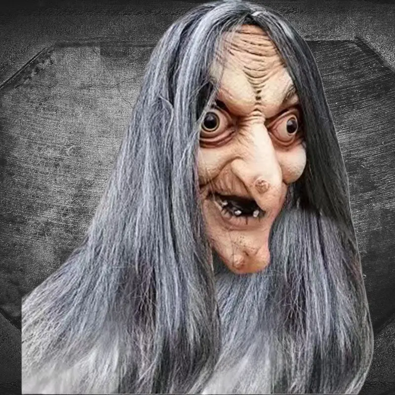Horrible Long‑Haired Old Witch Latex Mask, Spooky Witch Costume Prank Headgear Prop for Halloween Escape Room & Haunted House