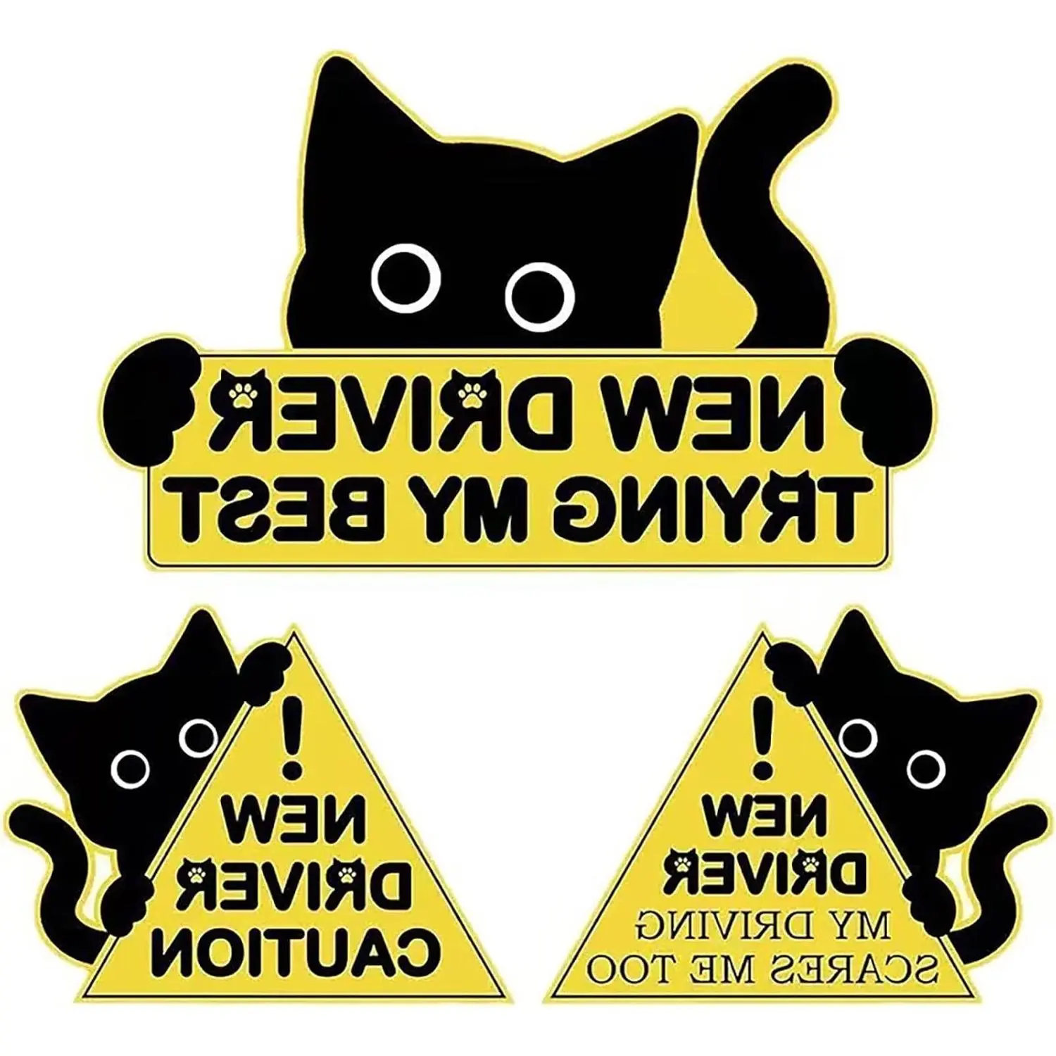 3Pcs New Driver Car Magnet Sticker Set, Funny Cute Cat Design, Caution & Safety Warning Signs for Student Drivers, Moderate Size & Long Service Life (Yellow and Black)Gift