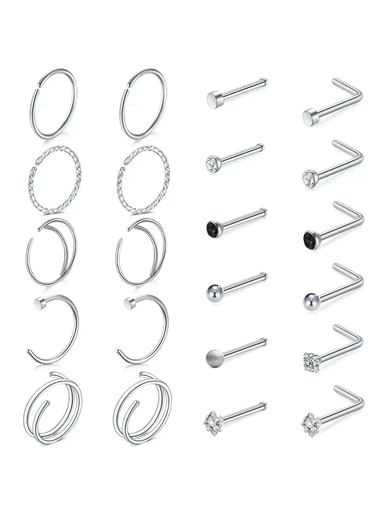 22pcs/set Unisex Rhinestone Decorated Hinged Nose Ring, Stainless Steel Nose Piercing Jewelry, Body Jewelry for Party & Daily Decoration