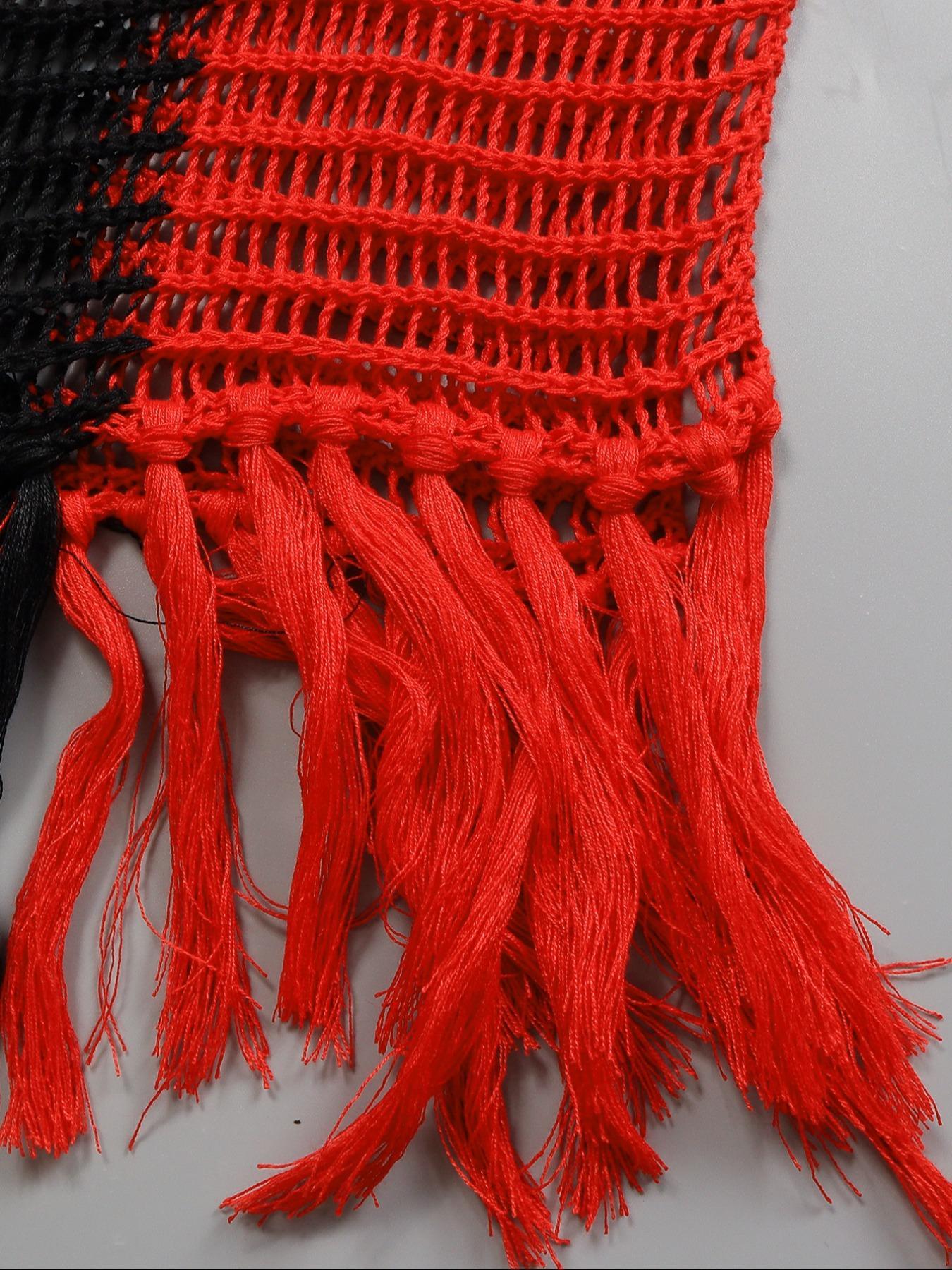 Plus Size Women's Striped Print Fringe Trim Hollow Out Split Thigh Sweater Dress, Plus Batwing Sleeve V Neck Cover Up Long Knitting Dress Swimsuit Cover Up Beach Cover Ups