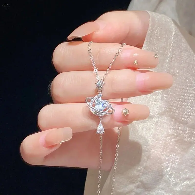 Women's Celestial CZ Crystal Saturn Pendant Necklace - Silver-Tone 45cm Thin Cable Chain, Micro Pave Teardrop Choker, Minimalist Space Jewelry Gifts for Teen Girls, Cz Crystals