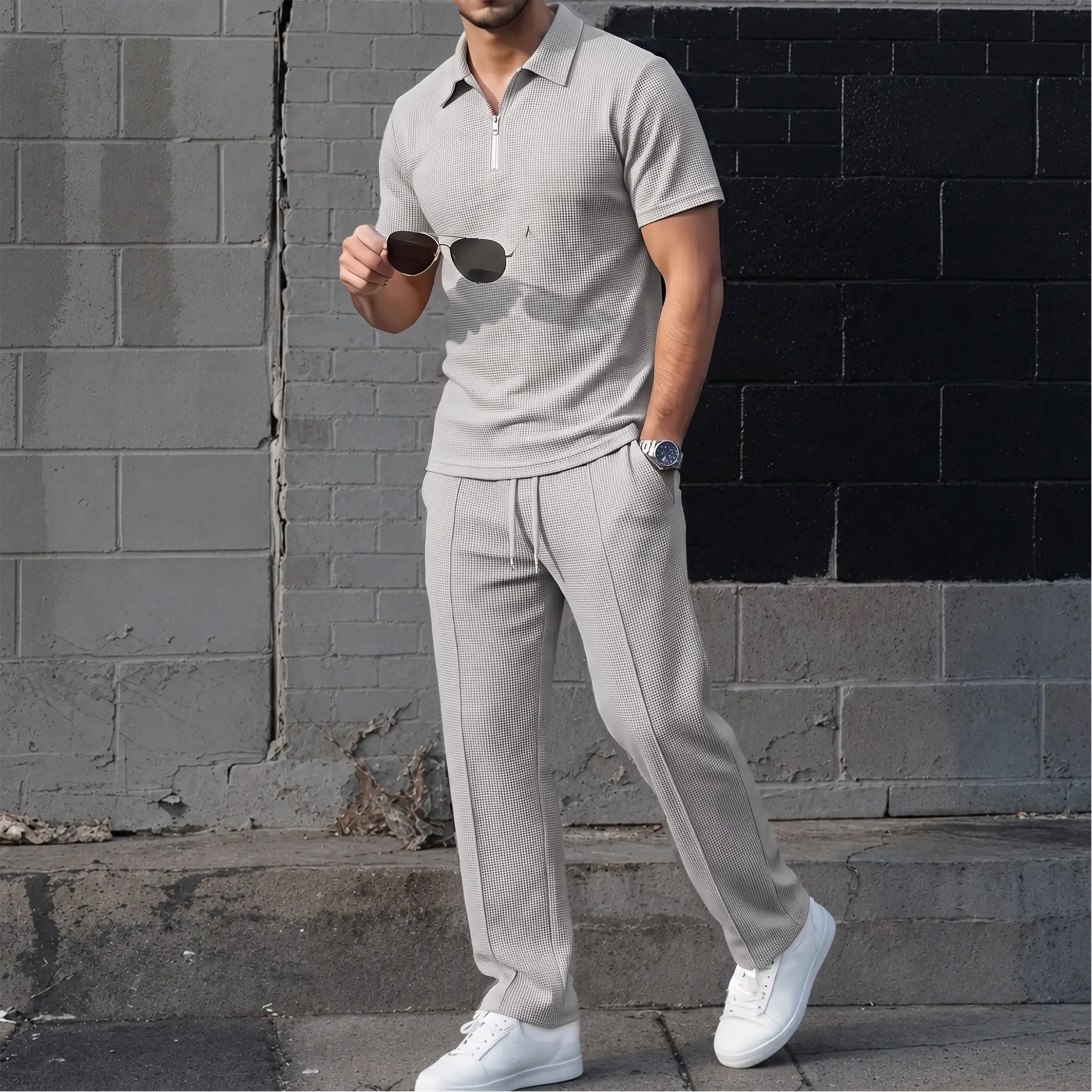 Men’s Waffle Knit Zip Collar Polo Shirt and Pants Set, Short Sleeve Textured Polo Top with Matching Drawstring Trousers, Casual Two Piece Outfit