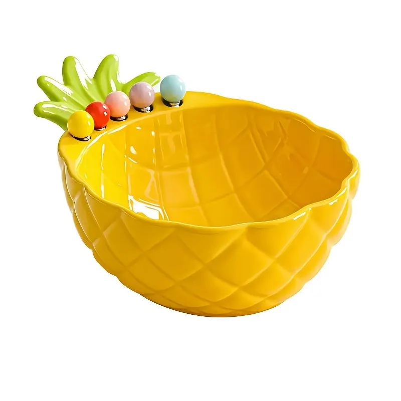 1pcs Pineapple Shape Ceramic Fruit Bowl Set With Stainless Steel Fruit Forks Home Hotel Dessert Salad Serving Bowl Decorative Tableware For Family Gathering Party Wedding Gift