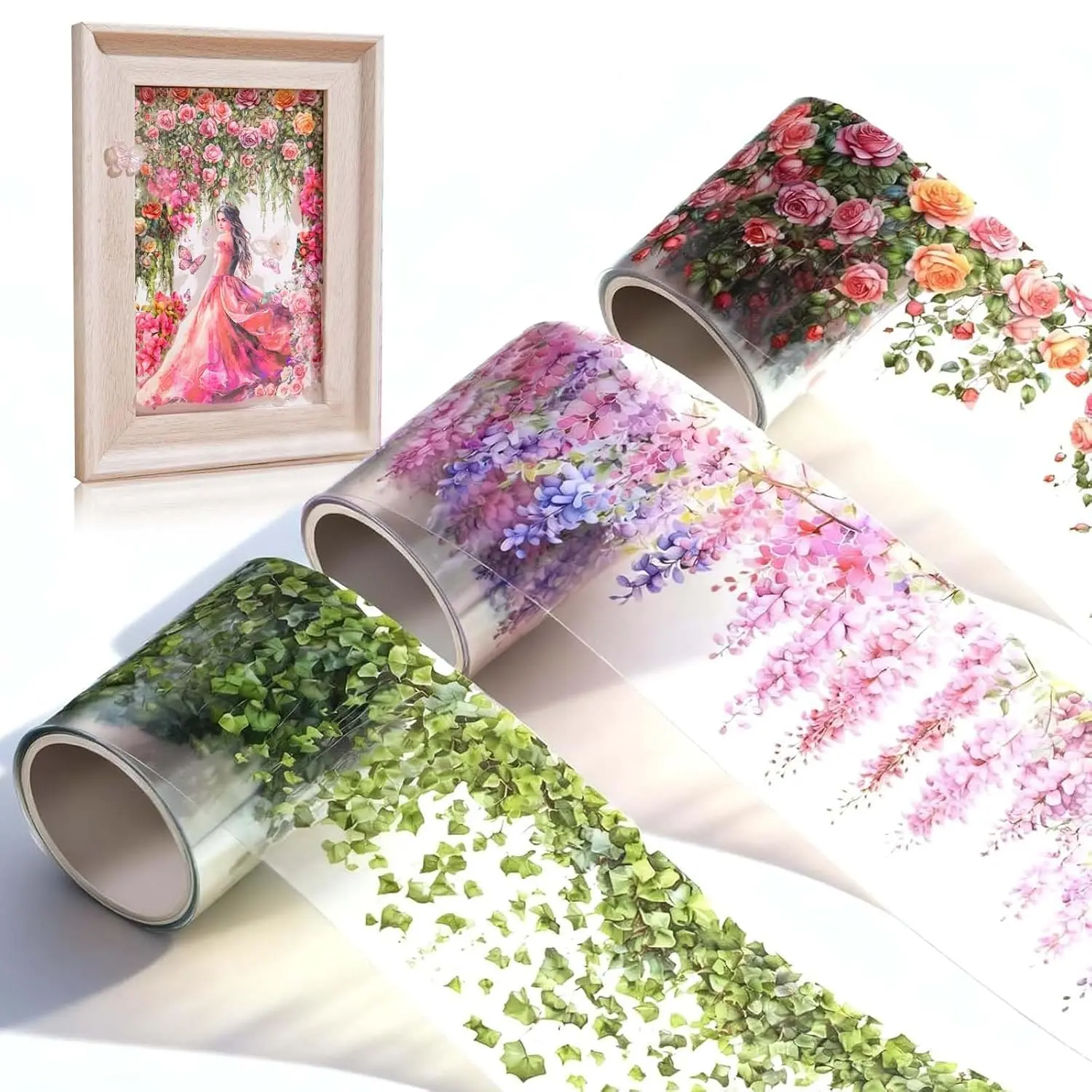 3 Rolls Floral Washi Tape Set, Colorful Rose Vine Scrapbook Tape Self-Adhesive Washi Tapes  Flower Stickers for Journaling,  Floral Tape Stickers for Scrapbooking Junk Journal Supplies