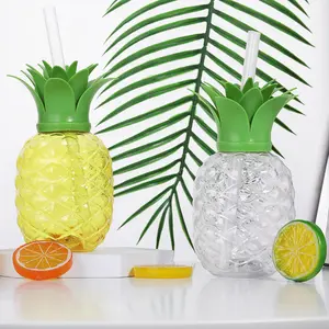 Set of 8 (4 cups + 4 straws) 500ml/16.9 oz pineapple shaped cup for enjoying juices, teas and other beverages, cute portable cup for outdoor celebrations, camping trips, family gatherings, birthday parties and Hawaiian-themed decorations (white, yellow)