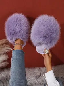 Women's Multi-Color Long Fluffy Faux Fur Mule Slippers, All Season Soft Elegant Style, Plus Size, Versatile Full Thick Plush Surface, Soft Sole Indoor Street Casual Closed Toe Furry Slides For Ladies