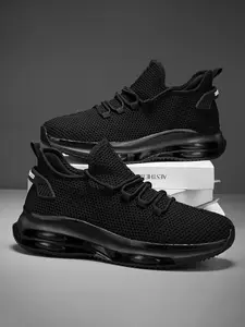 Men's Breathable Knit Casual Sneakers, Fashion Lace-Up Running Shoes, Air Cushion, Anti-Slip PVC Sole, Textile Upper, All Seasons