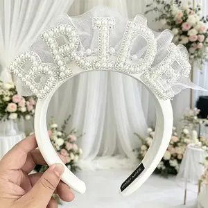 Pearl Veil Bridal Headband — White Satin Hairband Adorned with Pearls and Rhinestones — Bridal Headpiece Suitable for Bachelorette Party Decor and Women's Party Hair Accessories
