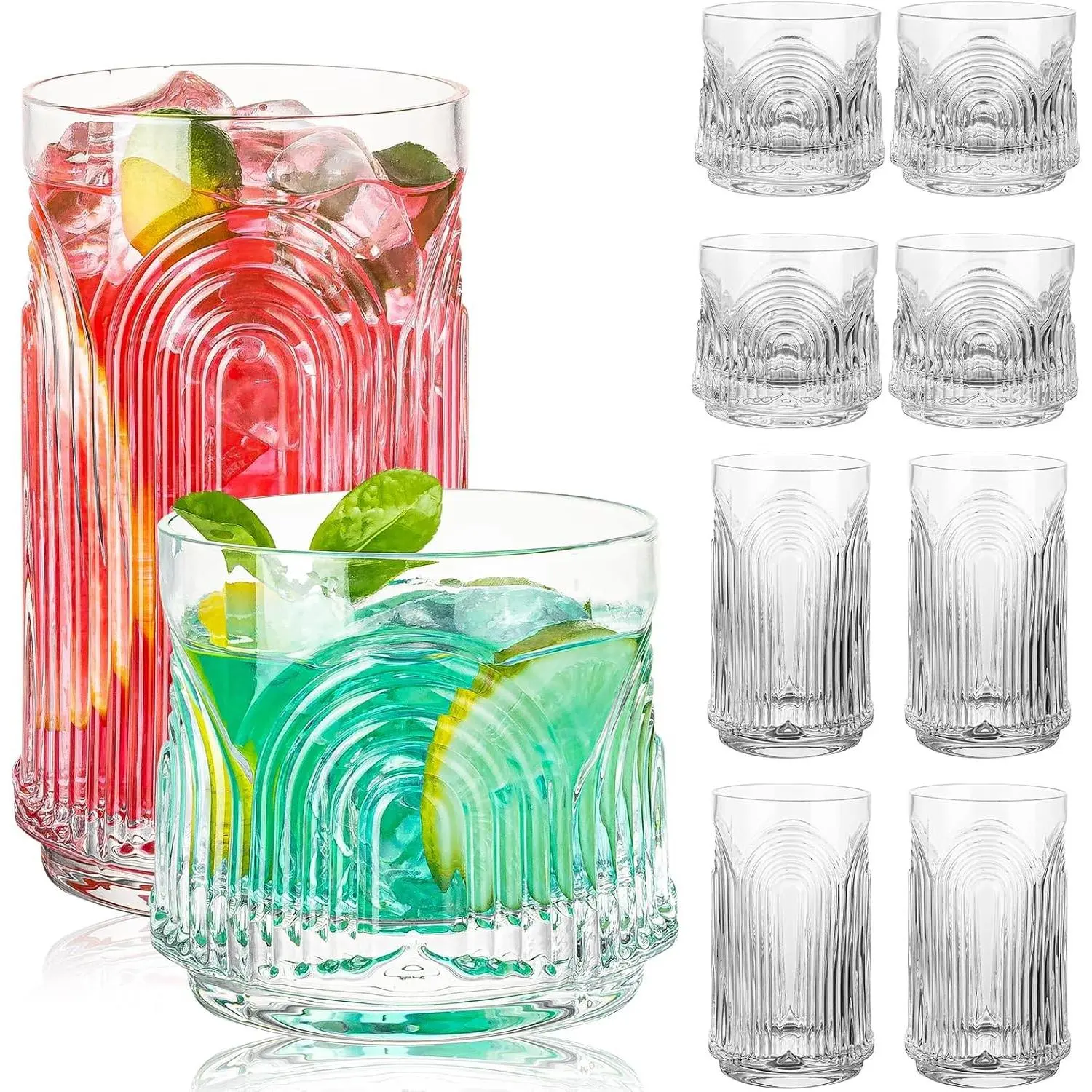 Vintage Handmade Drinking Glasses Set of 4, 2 Pcs 17oz Highball Glasses & 2 Pcs 10oz Rocks Glasses, Bar Glassware for Mojito, Cocktail, Beer, Whiskey