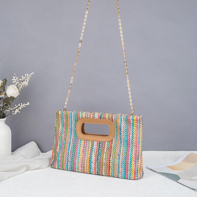 Trendy Straw Woven Beach Bag For Summer, Fashionable Woven Handbag For Women With Chain Crossbody Strap, Lightweight Rattan Bag, Breathable Large Capacity Travel Tote, Casual Vacation Shoulder Bag, Stylish Summer Essential Bag For Beach Trips & Daily Outi