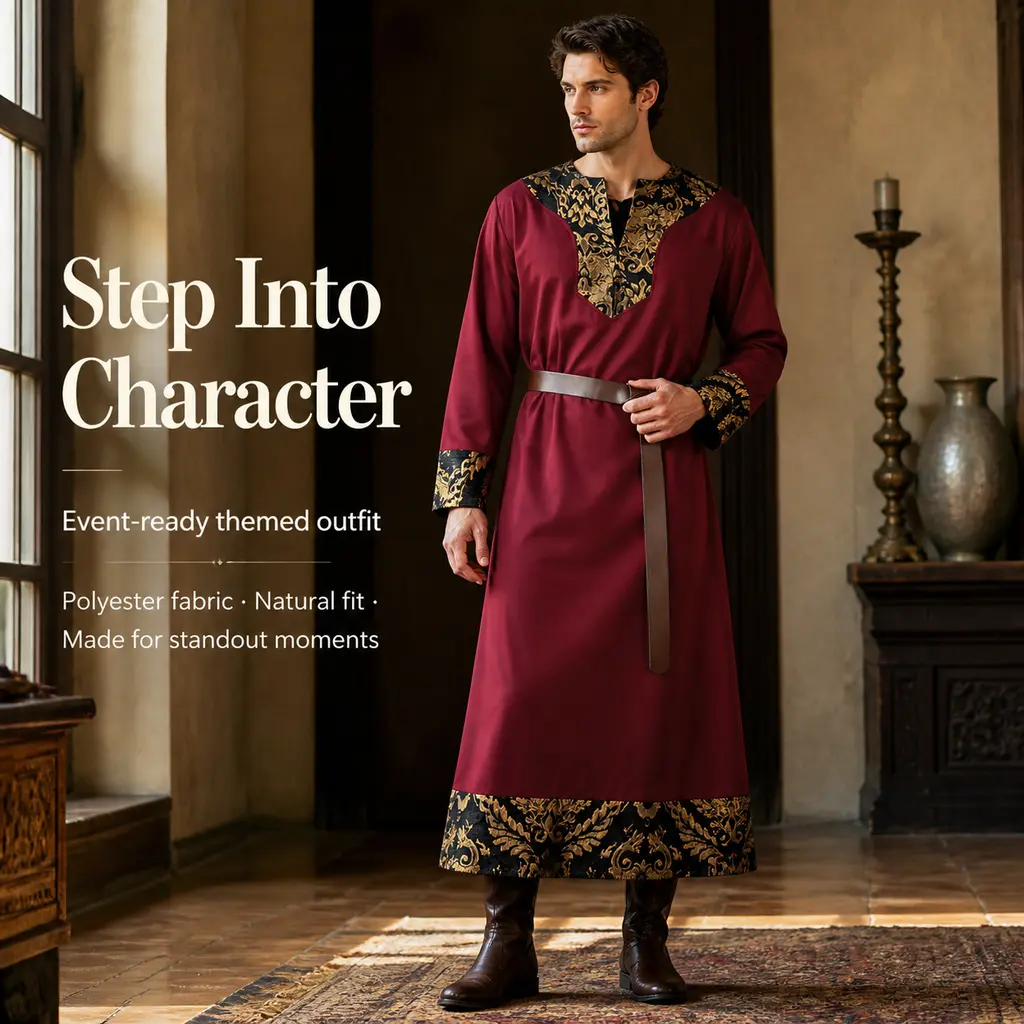 Men's Medieval Noble Tunic Robe - Polyester Fabric, Full-Length Long-Sleeve Wine Red Renaissance Costume with Golden Floral Trim, Relaxed Fit, Adjustable Leather Belt, Historical Aristocrat Cosplay Outfit
