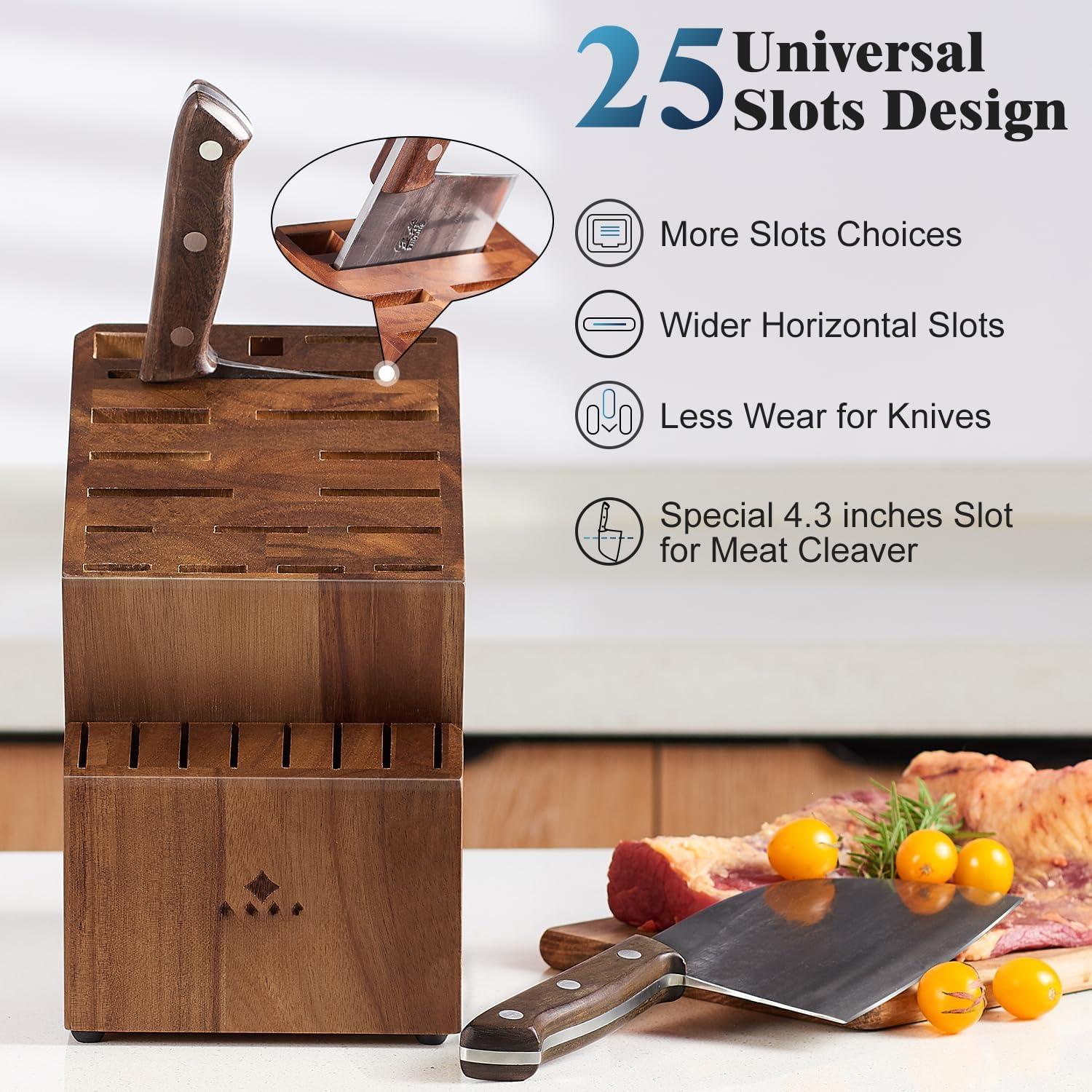 Block without , Large  Holder- 25 Slots Acacia  Universal  Block, Butcher Block Countertop for  Storage Organizer