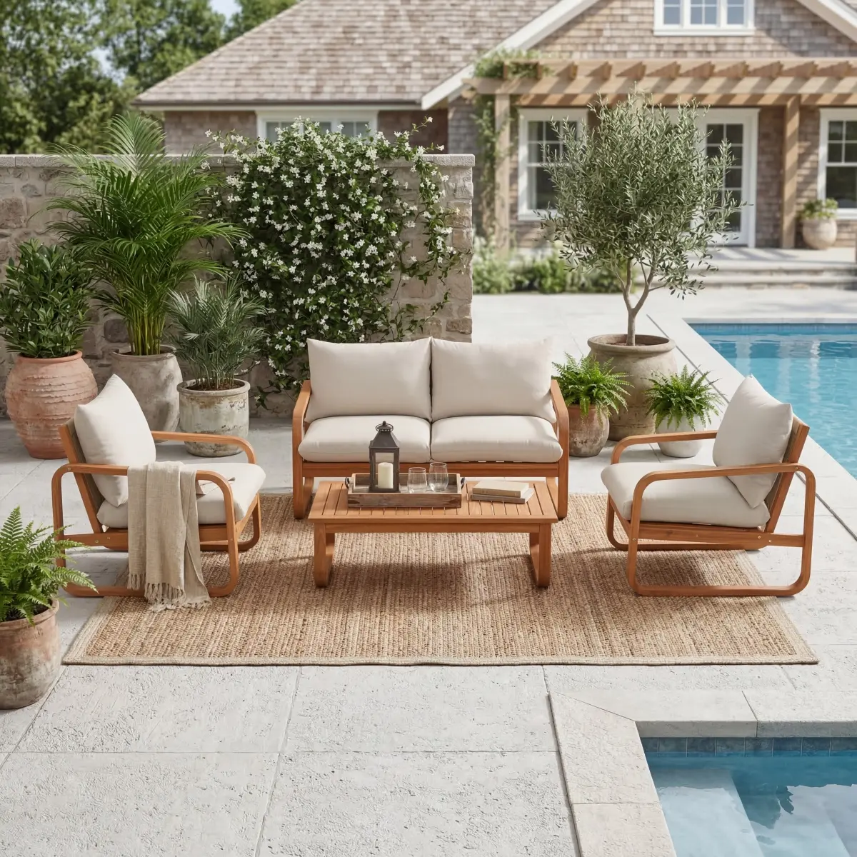 AobtkelChristopher Knight Home® 4-Piece Acacia Wood Outdoor Patio Furniture Set with Thick Cushions, Modern Outdoor Seating Set with Loveseat, 2 Single Chairs and Coffee Table, Weather-Resistant Conversation Set for Backyard, Pool