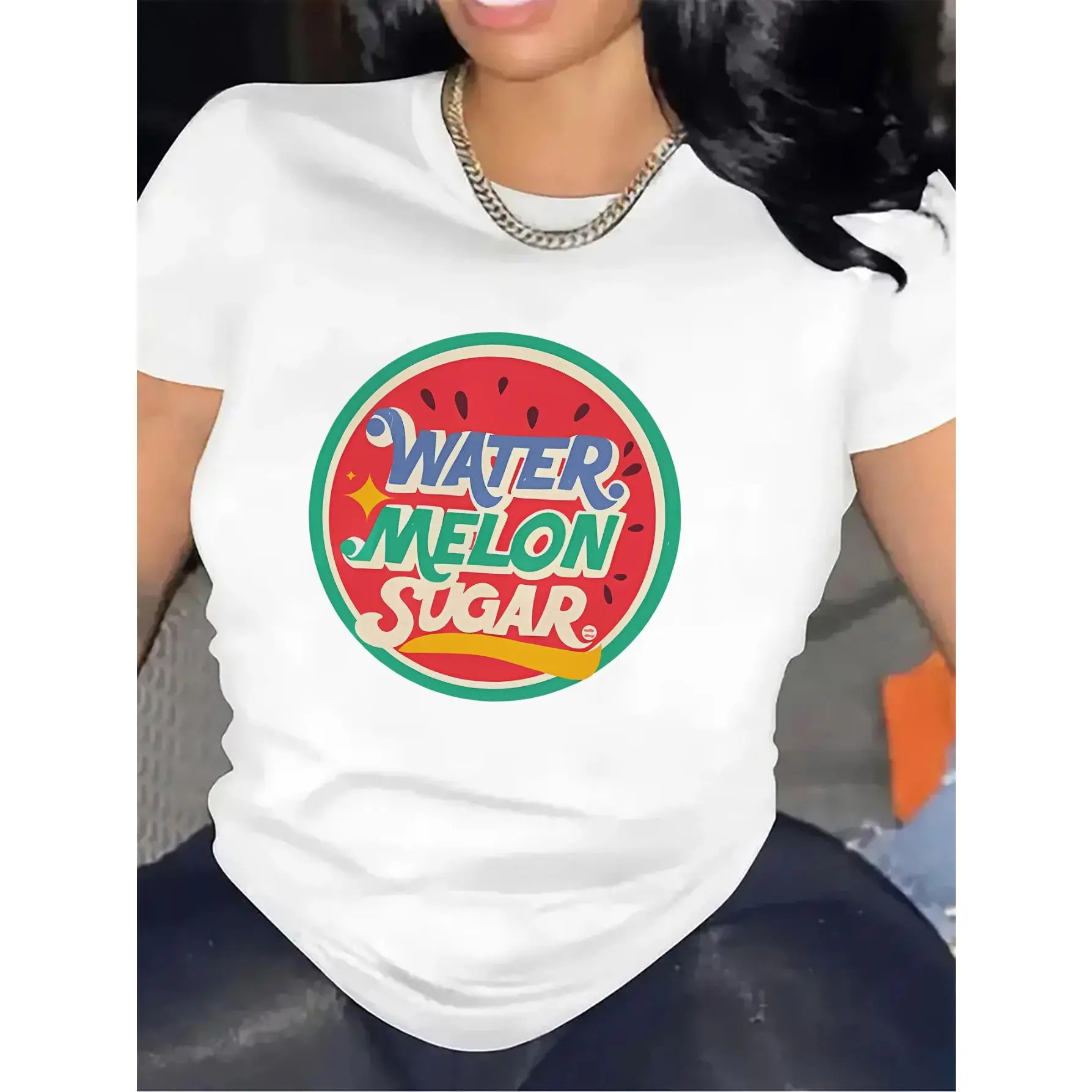 Women's Summer Watermelon Print Short Sleeve T-Shirt - Vibrant "WATER MELON SUGAR" Graphic, Black with Pink & Green Design, Soft Stretch Fabric, Round Neck Casual Top, Machine Washable, Festive Attire, Maternity Friendly, Playful Graphic Tee, Nontranspare