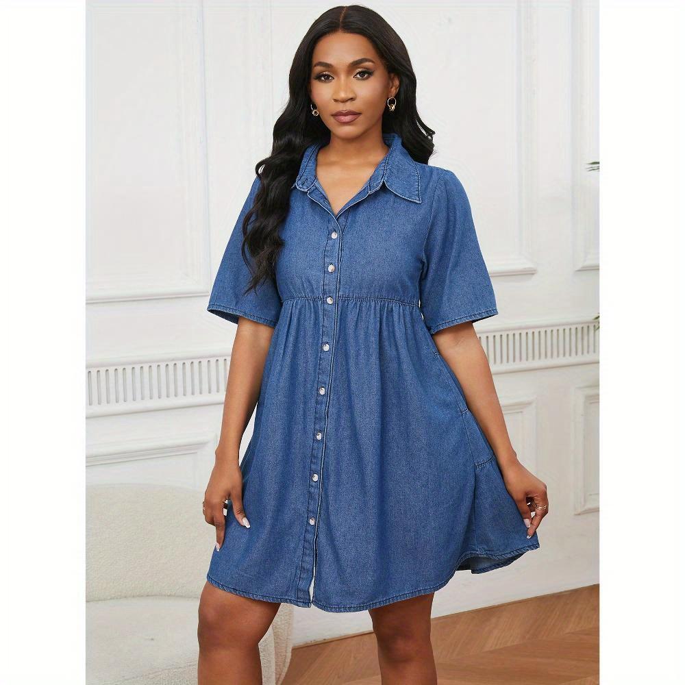Women Trendy Denim Puff Dress Short Sleeve Loose Hem Casual Summer Women Outfit Comfortable Stylish Fashion