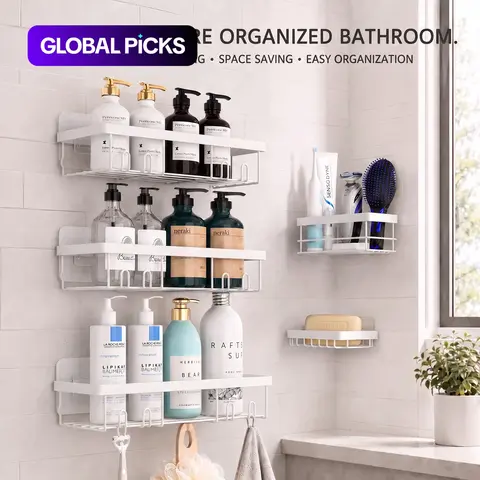 5 Pack Shower Caddy, Adhesive Wall Mounted Bathroom Shelves, No Drilling Rustproof Shower Organizer, Heavy Duty Storage Shelves for Bathroom Kitchen Bedroom, Bathroom Organization #GLOBAL PICKS