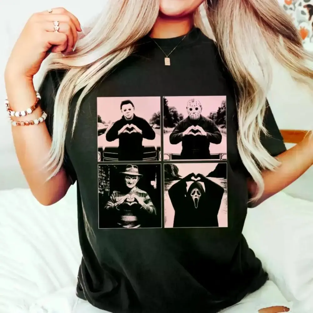 Men's Classic Cotton Distressed Horror Movie Killers Graphic T-Shirt - Michael Myers, Jason Voorhees, Freddy Krueger, Ghostface Heart Hands Design - Casual Halloween Tee for Fans, Matches Jeans, Baseball Cap, Cargo Pants, Aesthetic