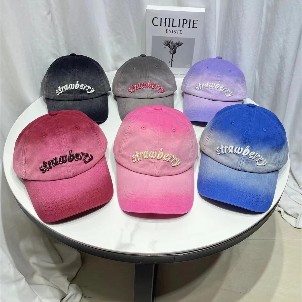 New Women Washed Cotton Cap Strawberry Embroidery Gradient Color Baseball Cap Female Outdoor Fashion Dad Hats
