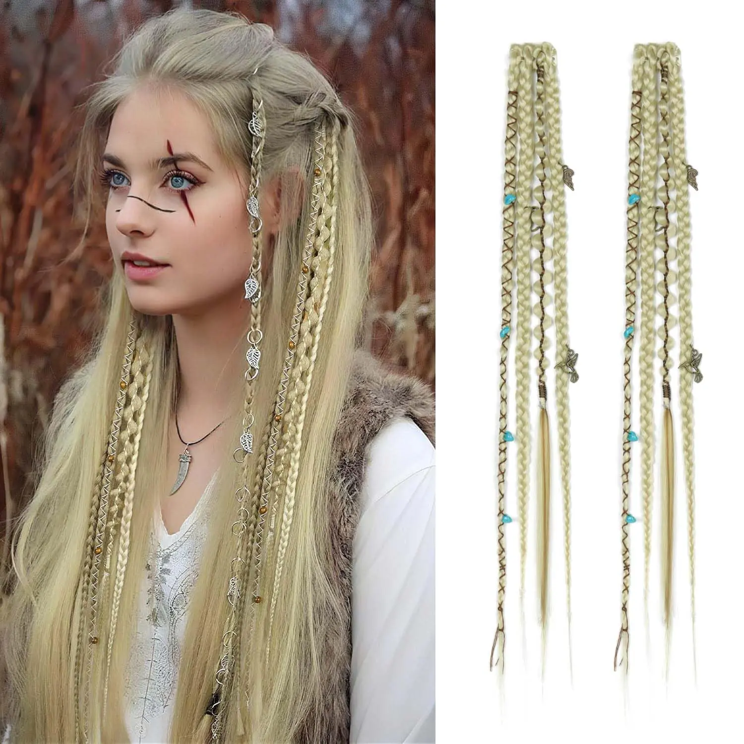 Clip in Braid Hair Extensions, 18 inch Boho Dreadlock Hwithmade Synthetic Braided Hairpieces, 2 Pcs Clip in Braids with Beads & Charms for Women Cosplay(Light Blonde)
