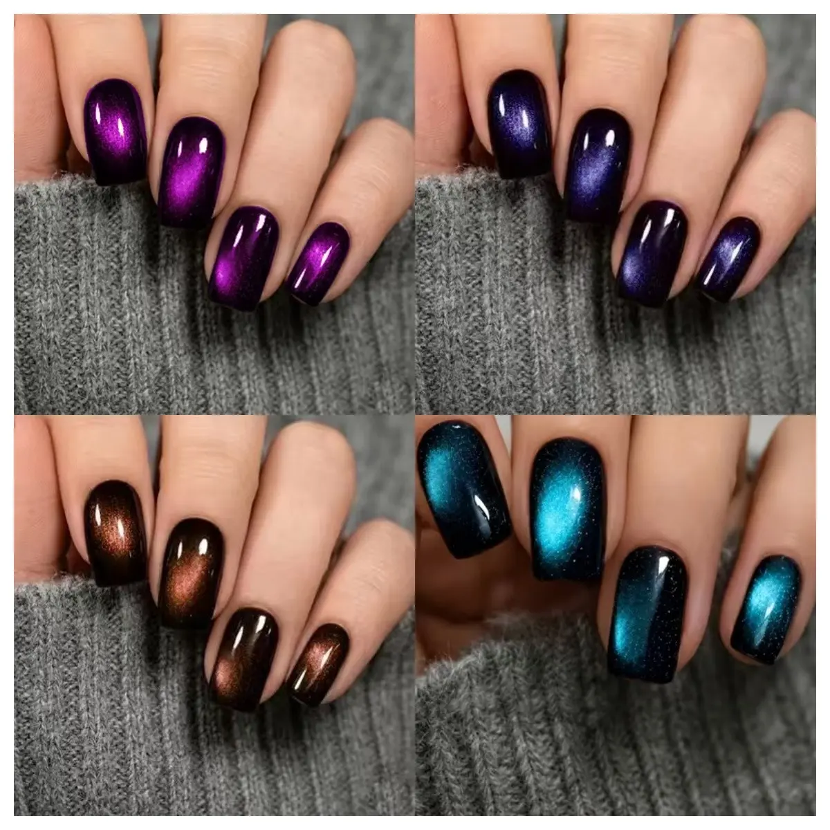 96 Pcs Short Square Glossy Cat Eye False Nails, Blue Press-On Nails, 4 Colors, 12 Sizes, Decorative Nails, Perfect for Parties and Special Occasions