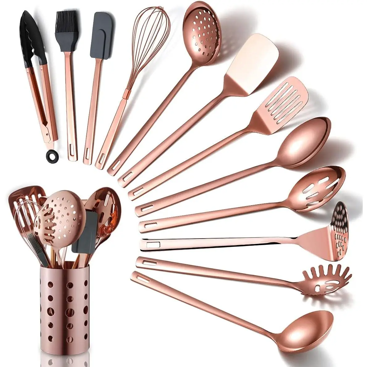 Copper Kitchen Utensils Set,13 Pieces Stainless Steel Cooking Utensils Set With Titanium Rose  ,Kitchen Tools Set With Utensil Holder For Non-Stick Cookware Dishwasher Safe (13 Packs)