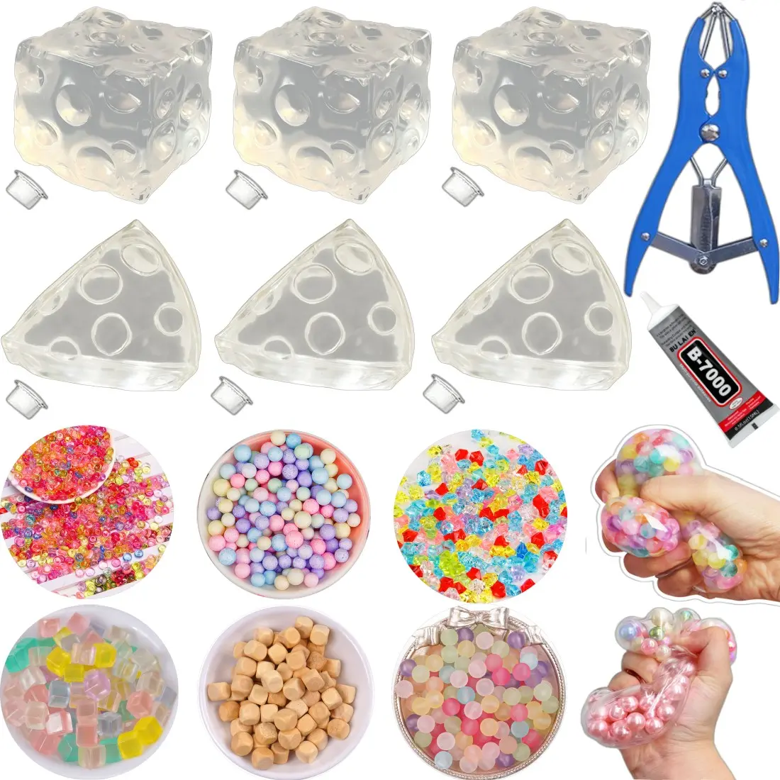 Squishy Ball Kit Making Set, Includes 6 Filling Packs, Transparent Cheese Shape Skin, 15ML Glue, Expansion Tool, Adult Stress Relief
