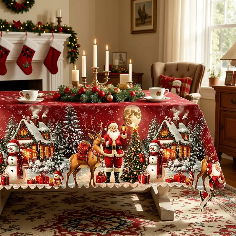 Christmas Village Tablecloth with Santa, Snowman, Gift Boxes and Snowy Houses, polyester for Dining Events and Holiday Decor, Machine Washable, Multi-Size, Table Protection, Clearance Sale