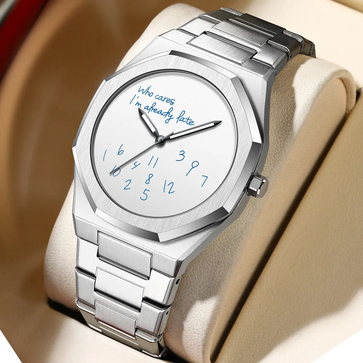 Octagonal Men Quartz Watch, "Who cares I'm already late" Funny Slogan White Dial Wristwatch, Silver Brushed Stainless Steel Integrated Bracelet, Luminous Hands Waterproof Minimalist Fashion Timepiece, Great Birthday Holiday Gift For Men