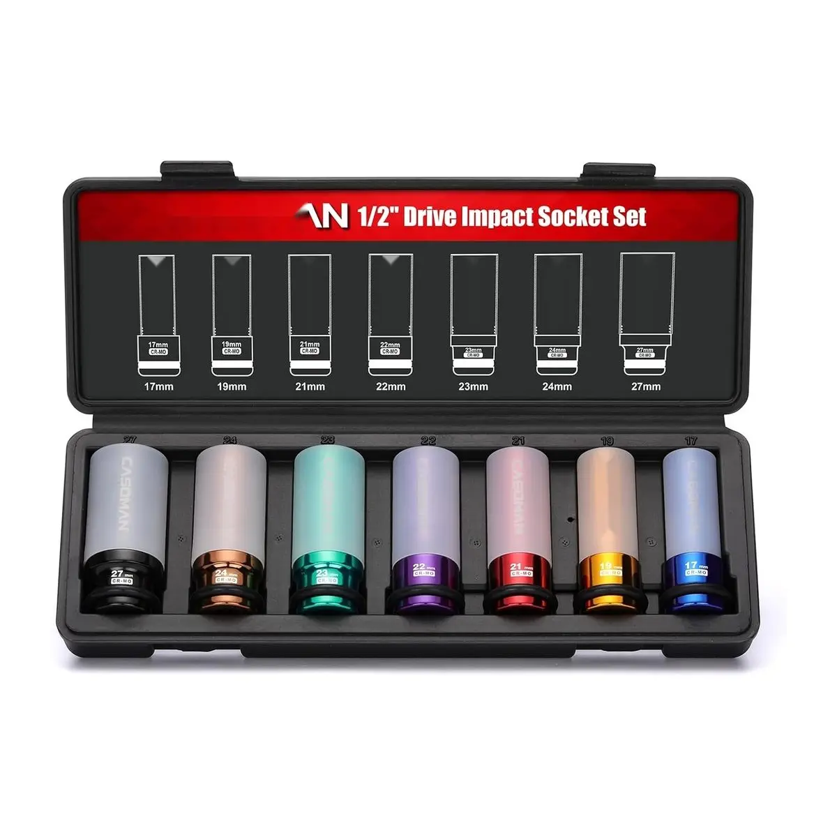 7 Piece 1/2 Inch Drive Deep Lug Nut Impact Socket Set, Non-marring Thin Wall Wheel Protector, Color-coded, 85MM Length, 6 Point Metric, Cr-mo Steel