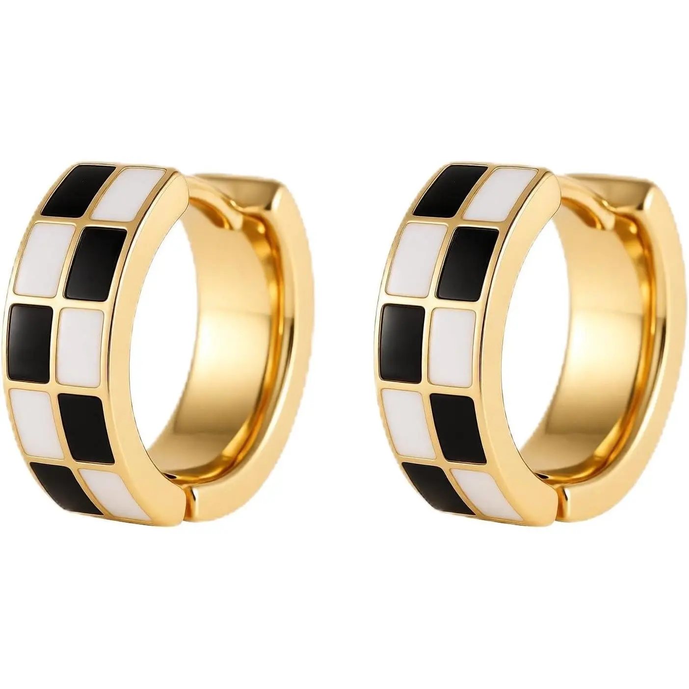 Chic Checker Small Hoop Cartilage Earrings Teacher Earrings for Women;White Black Enamel  Hooped Gifts  and  tone