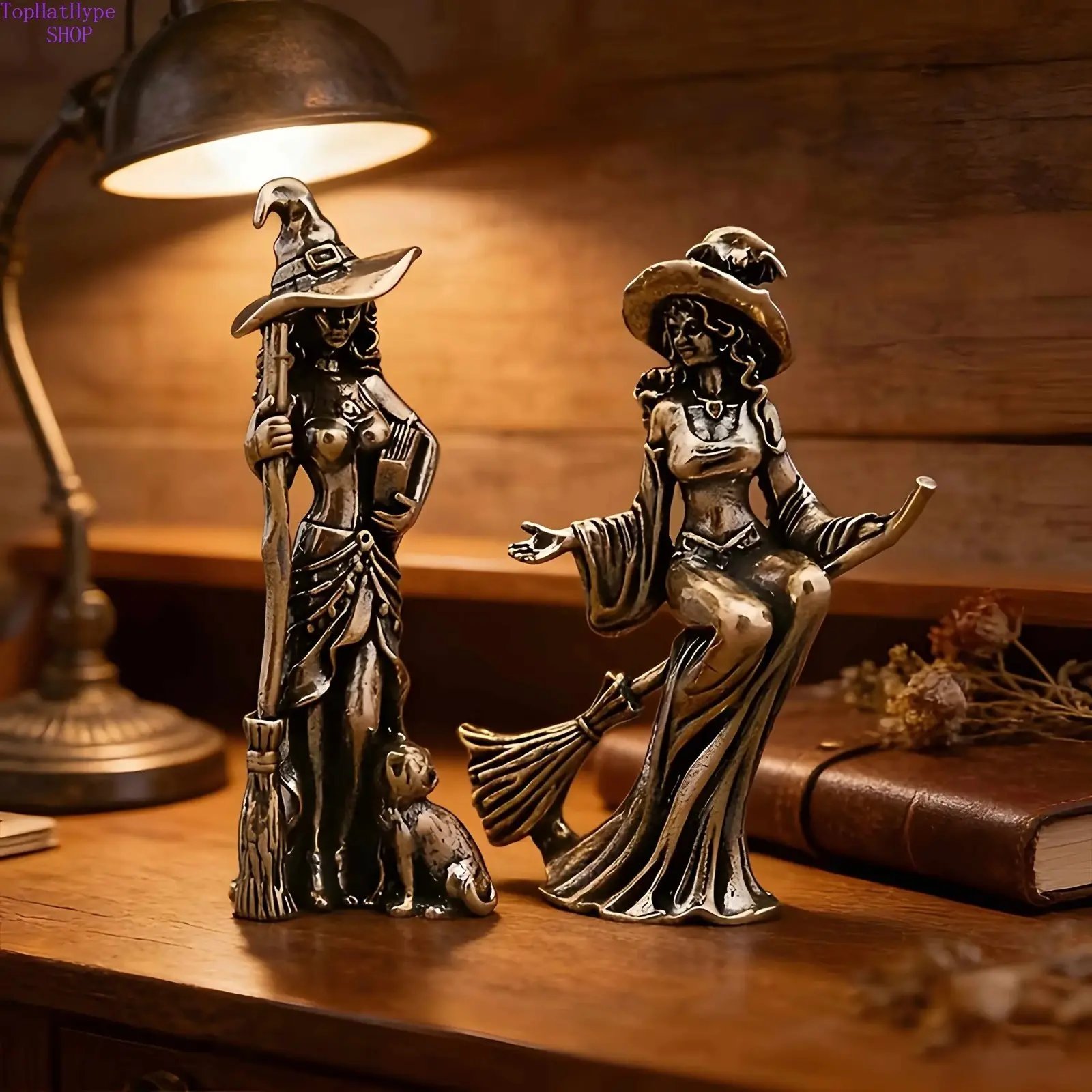 Women's Collection Grade 2-Piece Witch Statue Set, Spooky Bat Pattern Hat Sculptures, Intricate Craftsmanship, Figurines for Collectors, Home Decor Sculptures, Collectible Home Decor, Halloween Gift, Garden Decor, Female Witch