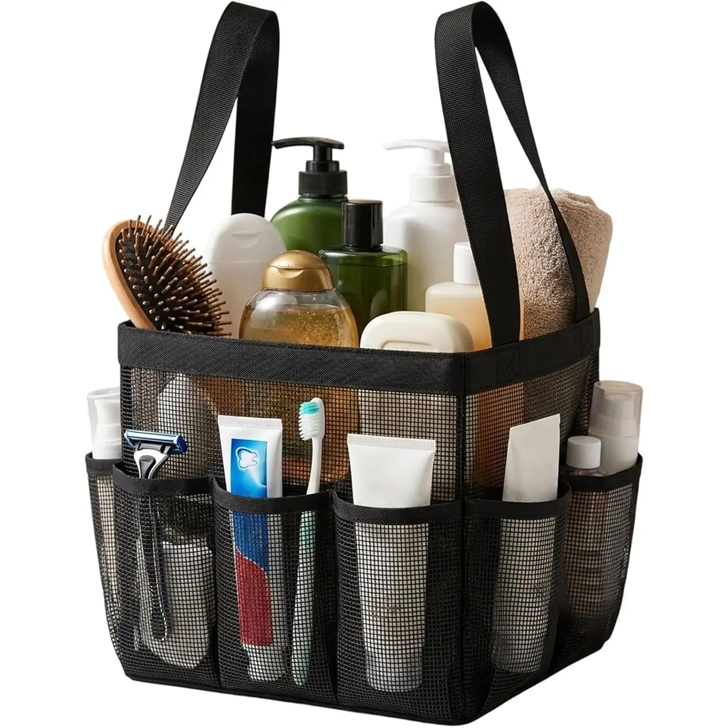 Mesh Shower , Portable Black Beach Tote Bag for Bathroom Dorm Essentials, Quick Dry Toiletry Organizer Large with 2 Handles 9 Pockets for Swim Pool Gym College Camp Travel Women Men Basket Bag