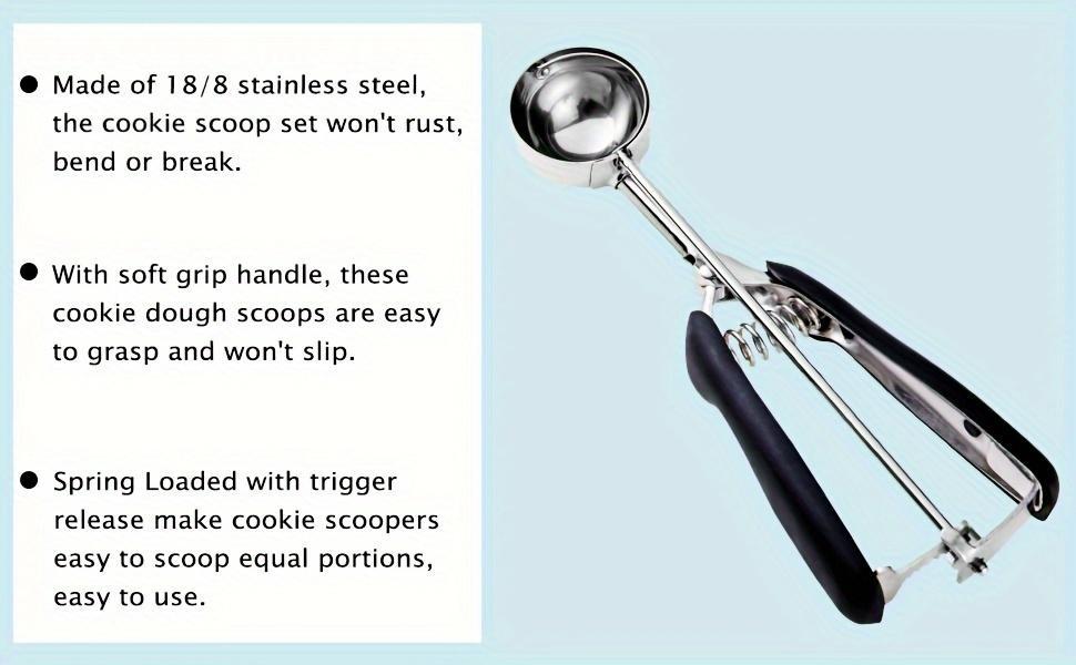 1/3pcs Stainless Steel Cookie Scoop Set with Non-Slip Rubber Handle, Uncharged Power Mode, Includes 1/2/3 Tablespoon Sizes, 18/8 Baking Scoops with Trigger Release for Ice Cream and Cookie Dough.