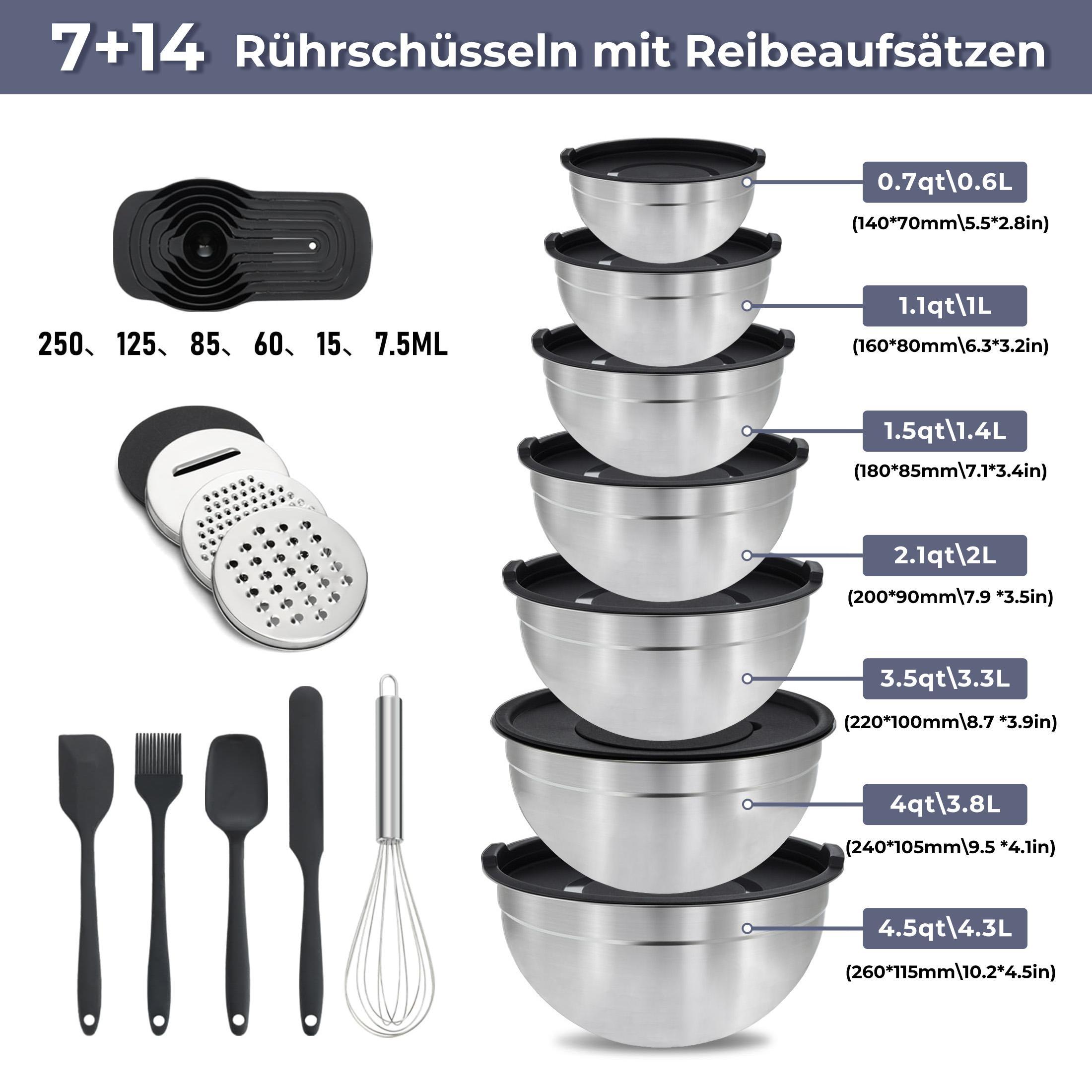 21Piece Mixing Bowls Set with Airtight Lids 7 Stainless Steel Kitchen Bowls 3 Grater Attachments Multifunctional Nesting Bowls for Baking Serving Food Prep Storage Space Saving Home Kitchen Gadgets