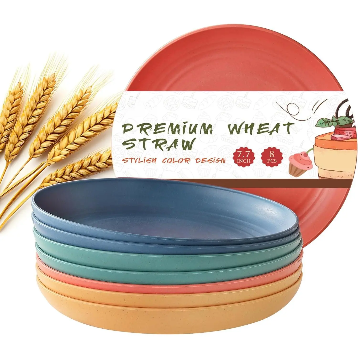 8 count Wheat Straw Plates,  7.7 Inch Melamine  Plastic Unbreakable Dinner Plates for kitchen, Dishwasher & Microwave Safe (4 colors)