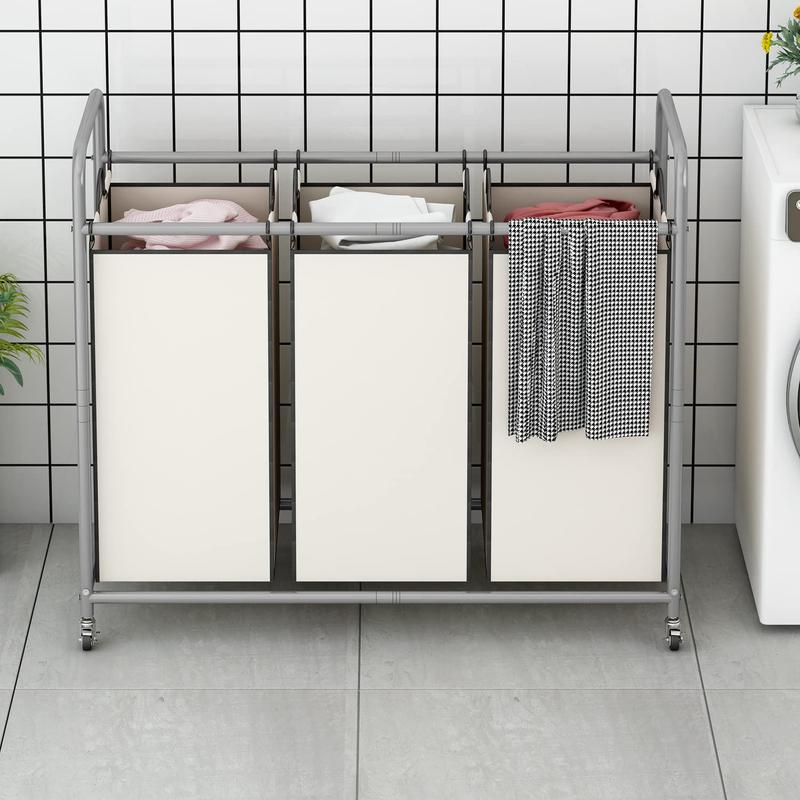 3-Bag Laundry Basket Hamper Laundry Sorter Cart laundry room organization with Heavy Duty Rolling Lockable Wheels and Removable Bags【A001】 Deals For You Days