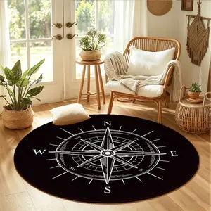 3.3FT Vintage Compass Rose Round Rug - Black & White Nautical Non-Slip Area Rug, Retro Navigation Floor Mat for Bedroom Living Room