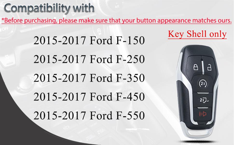 Key Fob Shell Case Cover Replacement Fits for Ford F150 F250 F350 F450 F550 Trucks 2015 2016 2017 Keyless Entry Remote Control 5 Button Pad Cover M3N-A2C31243300 with Uncut Key Blade Blank