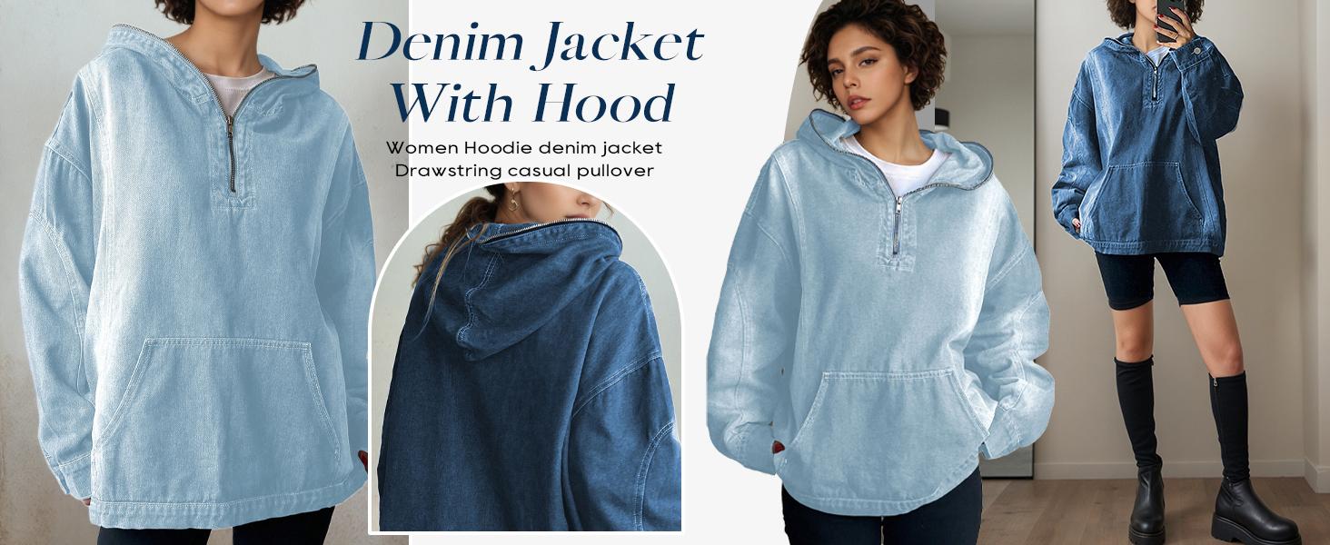 2026 Women's Half Zip Denim Hoodie Pullover Jackets Jean Tops